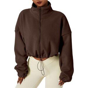 Women's Full Zip Fleece Short Jacket Warm Winter Long Sleeve Stand